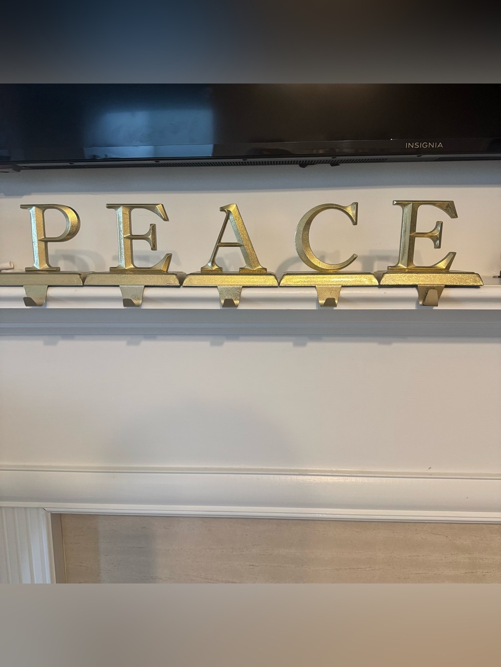 Vintage Gold Metal PEACE Christmas Stocking Holders Mantel Hooks Set of 5 Heavy